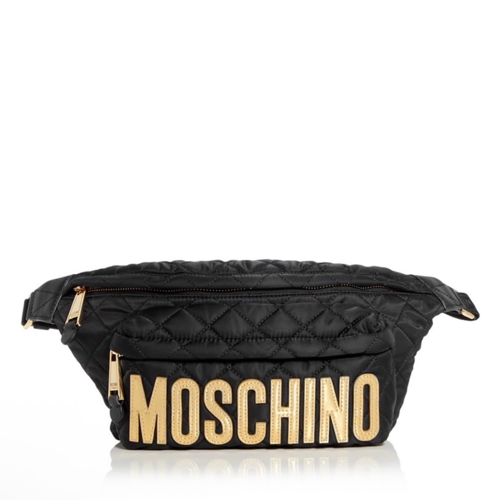 MOSCHINO Quilted Bum Bag Waist Bag Fanny Pack Black Large Gold Logo + Bag Charm - Picture 2 of 14